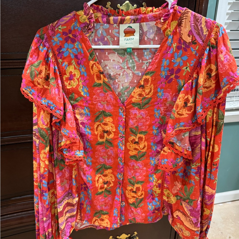 FARM Rio Vibrant Floral Blouse - Red and Orange